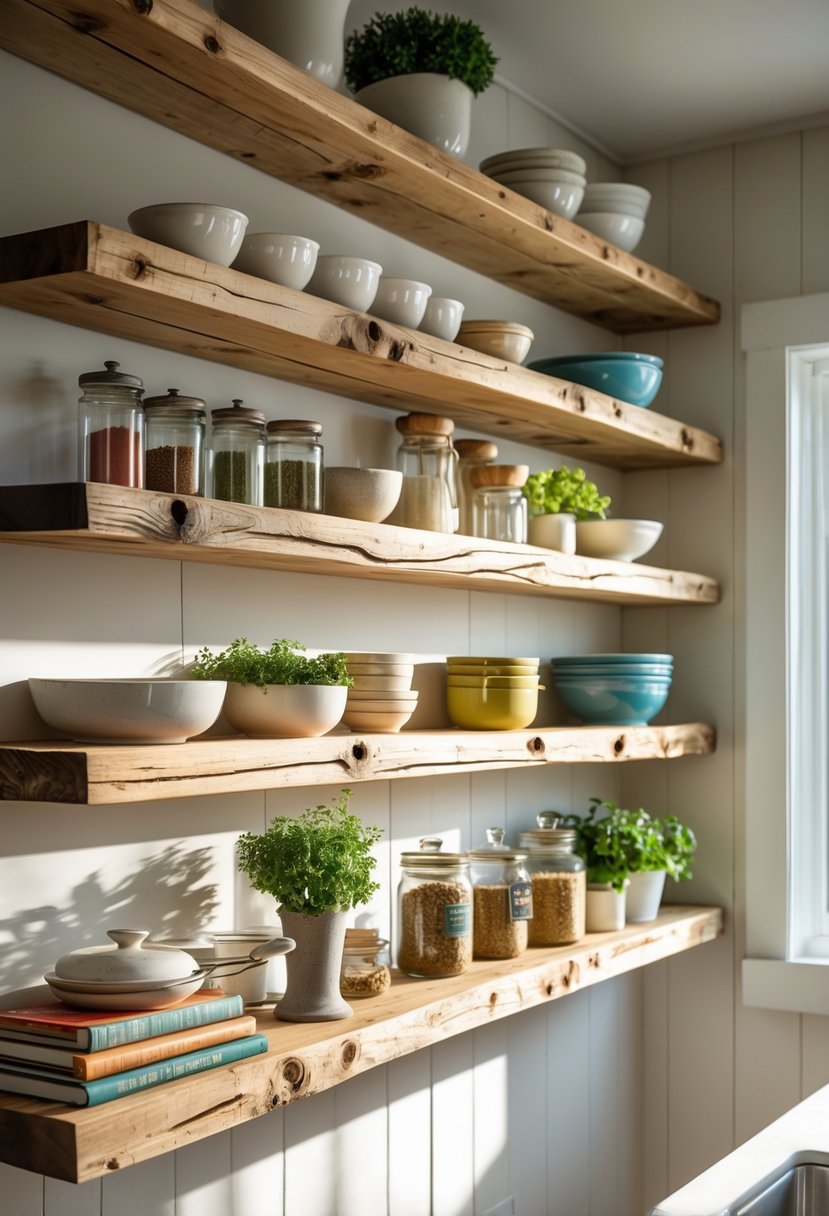 Kitchen wall with thirteen wooden floating shelves holding kitchen items such as bowls, jars, herbs, and cookbooks.