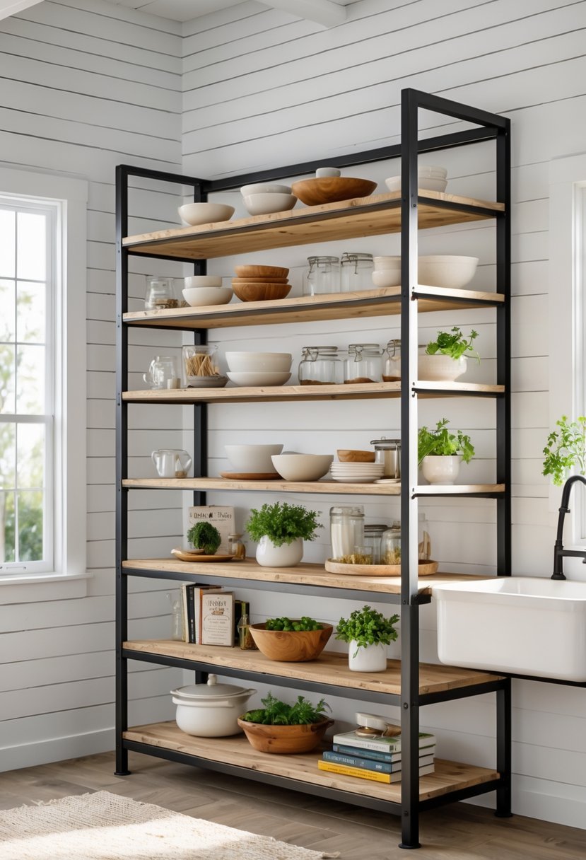 A metal and wood shelving unit with 13 shelves holding kitchen items in a bright kitchen.