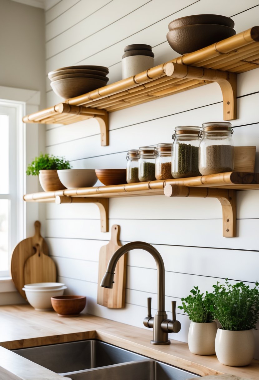A kitchen with bamboo floating shelves holding dishes, jars, and plants above a farmhouse sink.