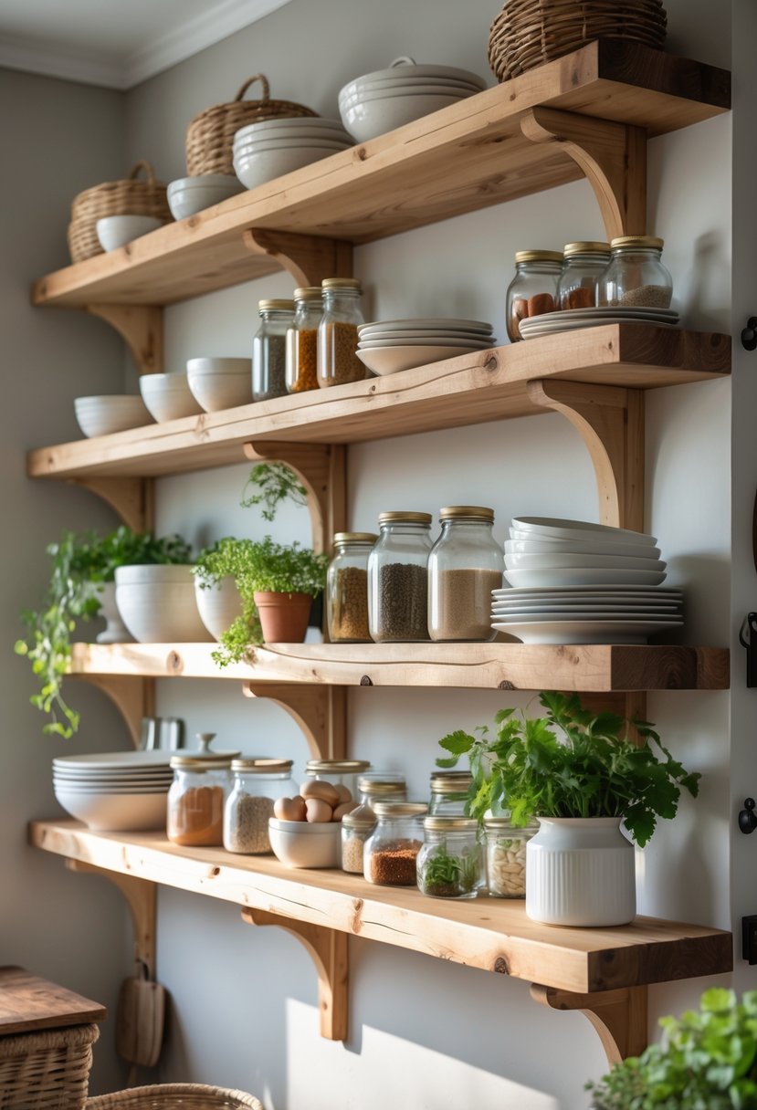 Thirteen wooden kitchen shelves mounted on a wall, holding dishes, jars, cookware, and potted herbs in a well-lit kitchen setting.