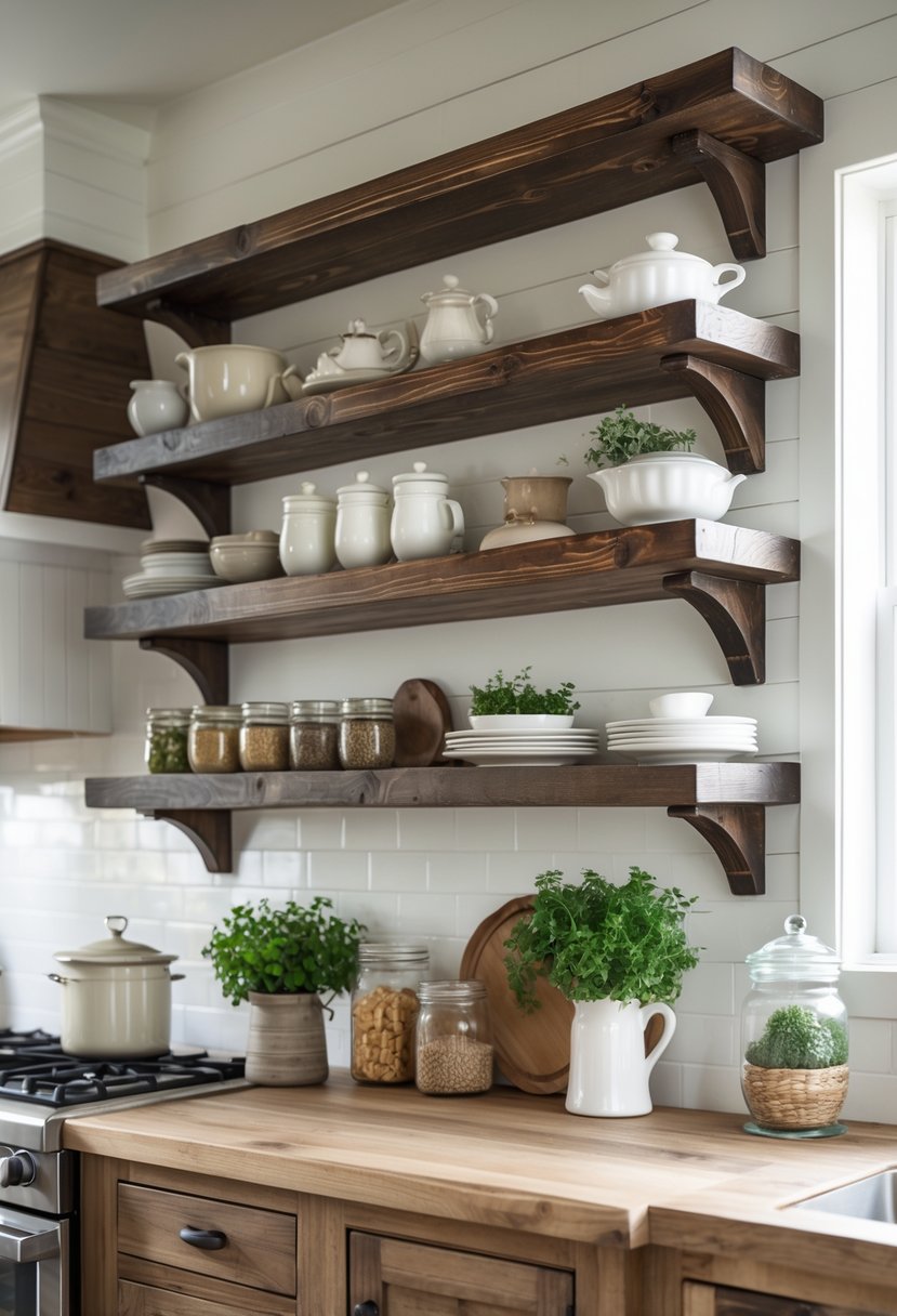 Wall-mounted wooden shelves in a kitchen holding plates, jars, cookware, and small plants.