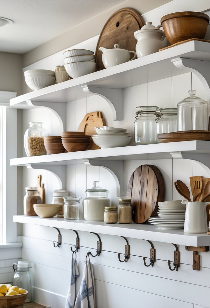 A kitchen wall with white open shelves holding dishes and jars, with rustic hooks below holding towels and utensils.