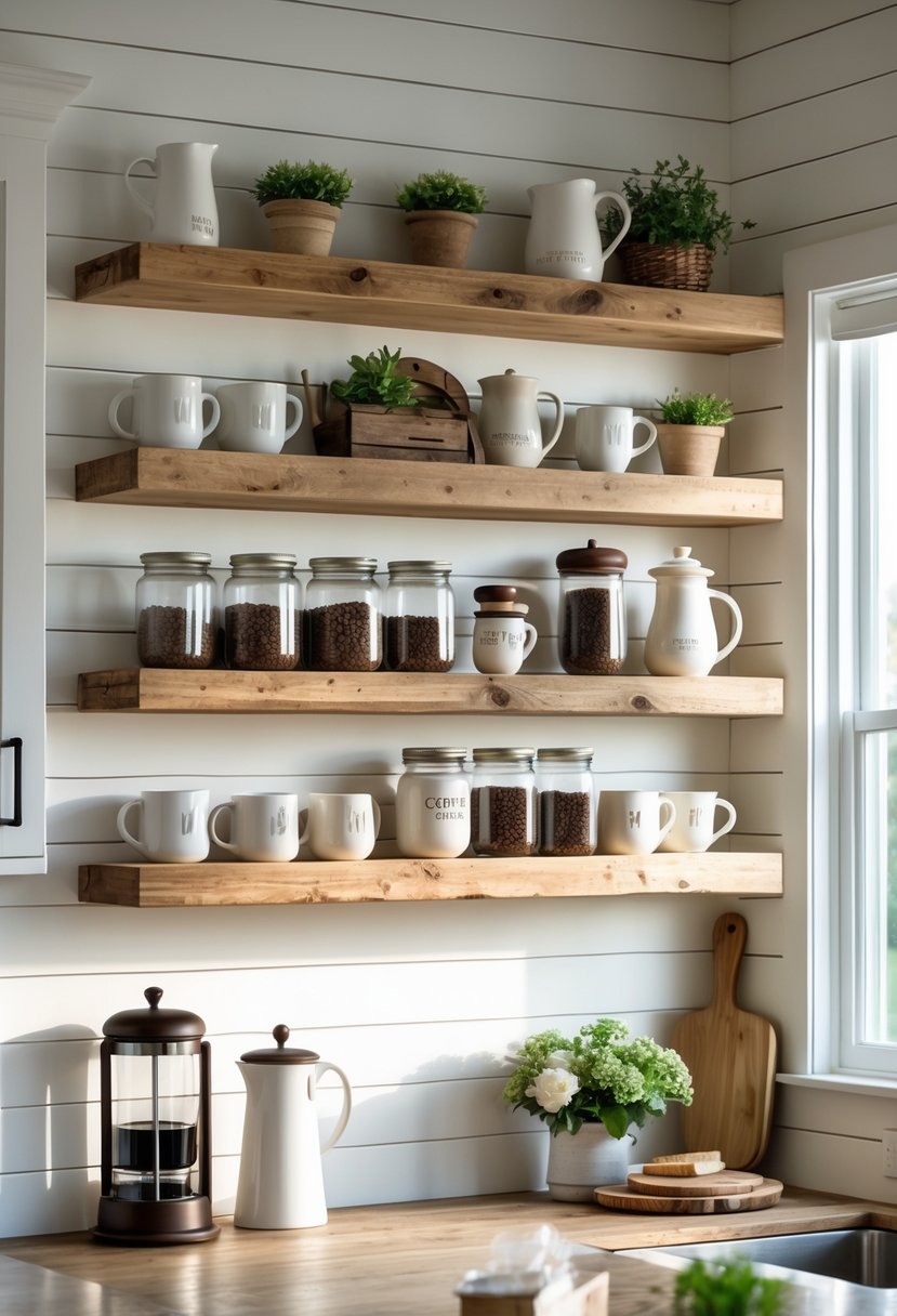 A kitchen wall with thirteen wooden floating shelves holding coffee mugs, jars, plants, and coffee accessories above a countertop with a French press and flowers.