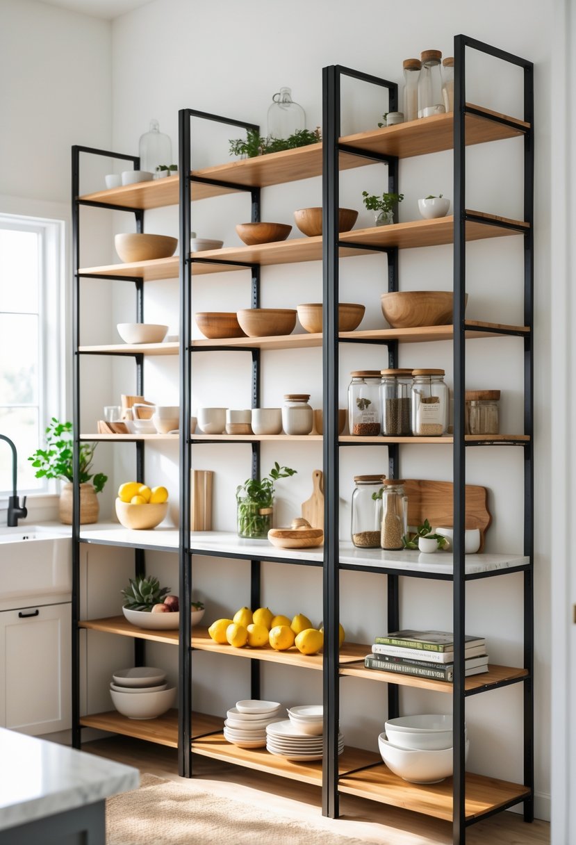 Expandable black metal kitchen shelving unit with 13 wooden shelves holding kitchen items in a bright kitchen.