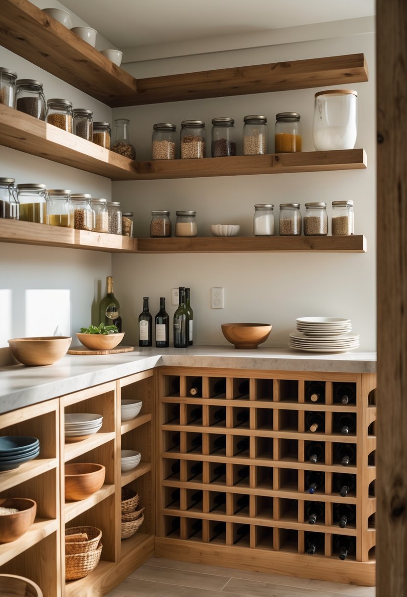A pantry with floating wooden shelves holding jars, bowls, plates, and a wine rack with bottles.