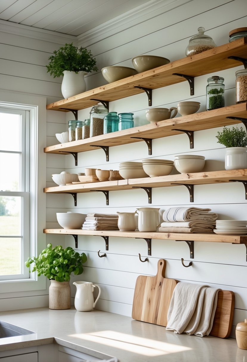 A farmhouse kitchen wall with thirteen floating wooden shelves holding kitchen items and towels hanging from hooks beneath the shelves.