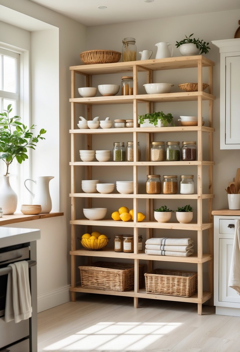 Stackable wooden farmhouse kitchen shelves filled with organized kitchen items like bowls, jars, and produce in a bright kitchen.
