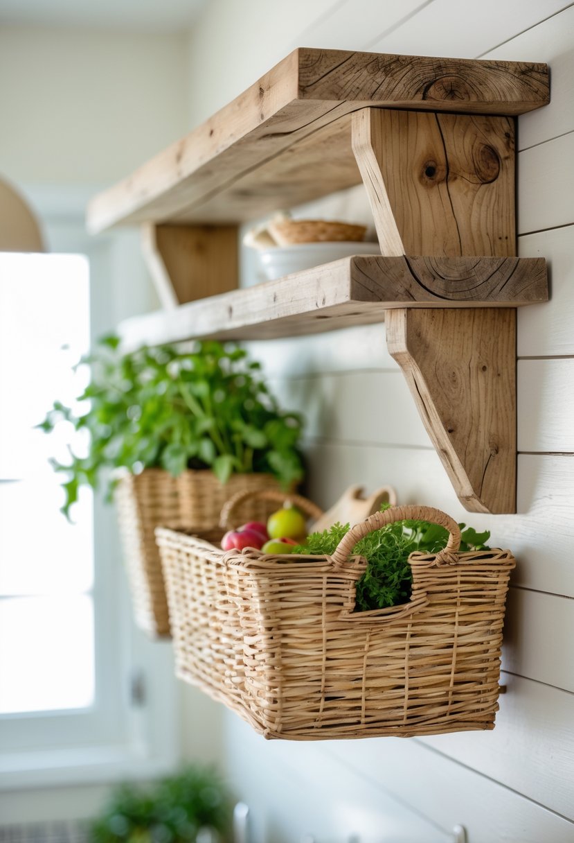 A wooden wall shelf with a woven basket holding kitchen items mounted on a kitchen wall.