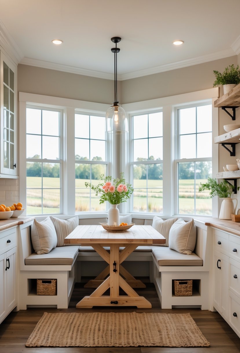 A farmhouse kitchen breakfast nook with built-in bench seating that has storage underneath, a wooden table, and large windows letting in natural light.