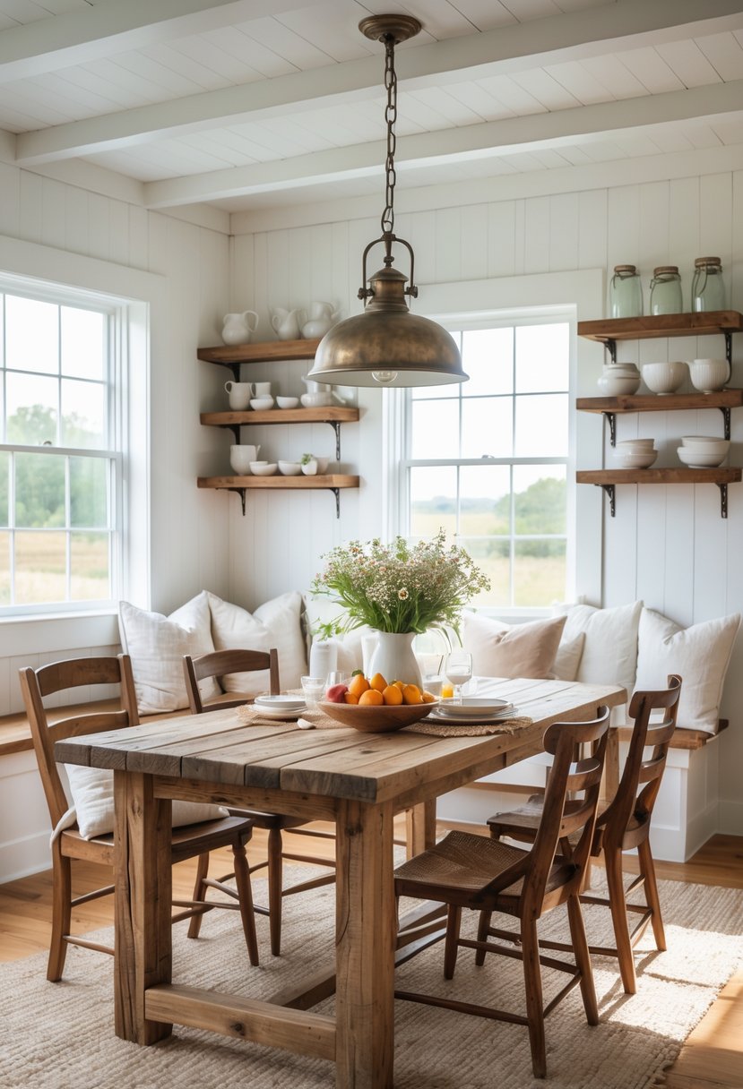 A wooden dining table with chairs in a bright kitchen breakfast nook with natural light and simple decorations.