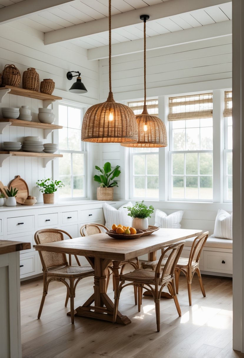 A bright kitchen breakfast nook with a wooden table, chairs, and woven rattan pendant lights hanging above.
