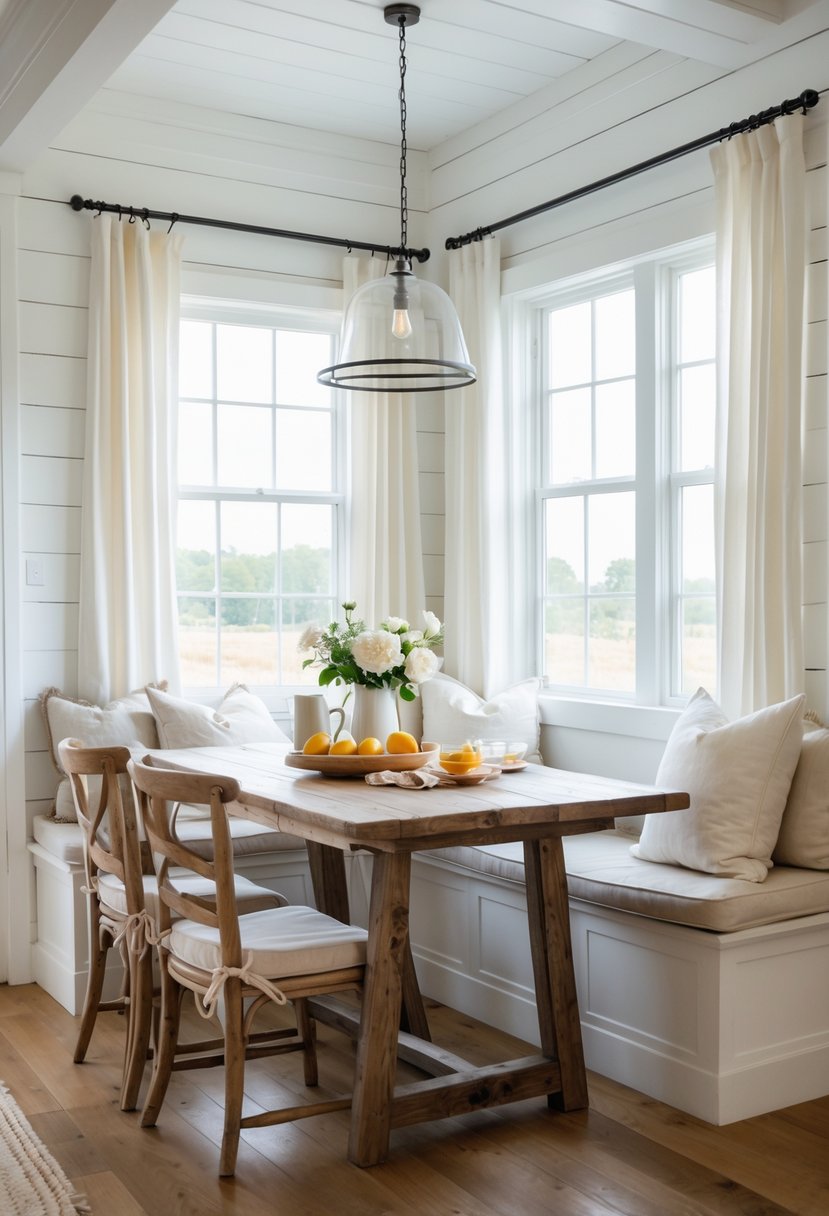 A bright kitchen breakfast nook with a wooden table, cushioned seating, large windows, and natural light.