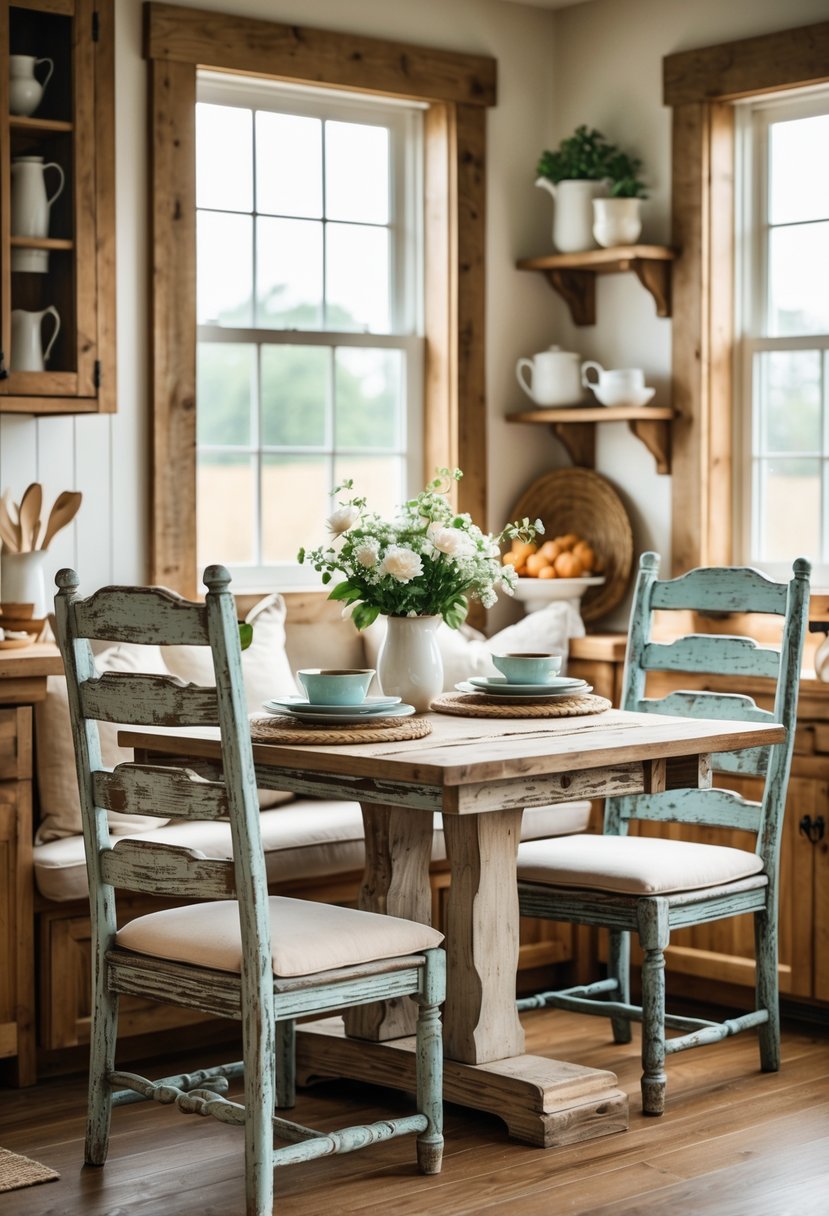 A kitchen breakfast nook with distressed wooden chairs with cushions arranged around a wooden table with natural light coming through nearby windows.