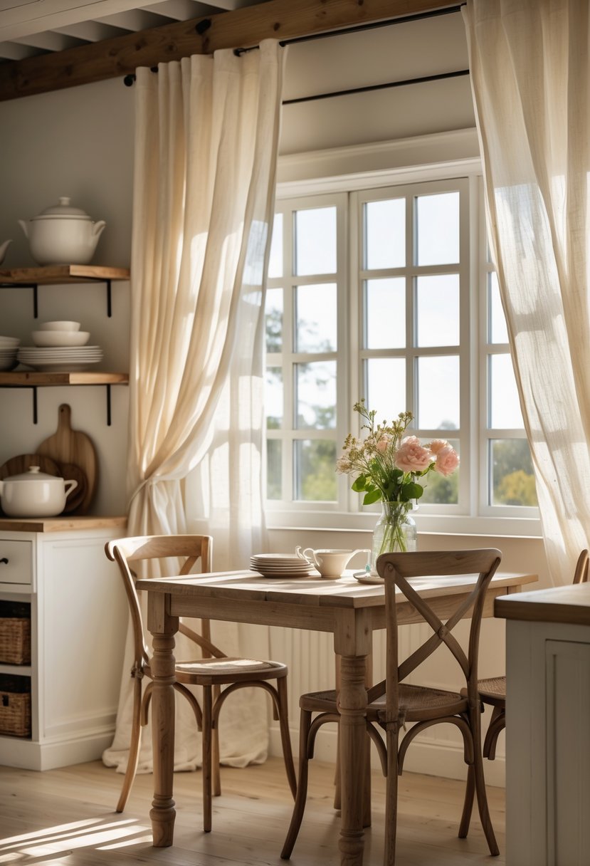 A kitchen breakfast nook with soft linen curtains and natural sunlight illuminating a wooden table and chairs.