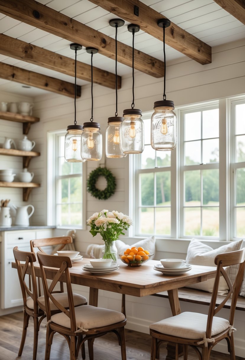 A kitchen breakfast nook with a wooden table and chairs, illuminated by hanging mason jar pendant lights, with windows letting in natural light.