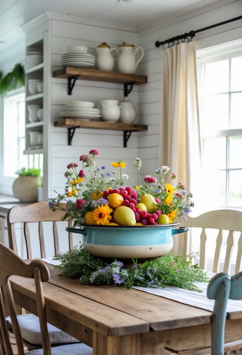 A farmhouse kitchen breakfast nook with a wooden table holding a vintage enamelware bowl filled with fruits and flowers, surrounded by wooden chairs and bright natural light.