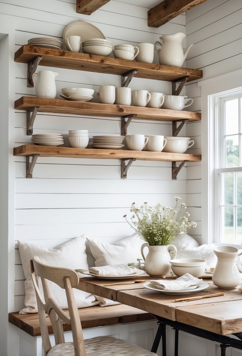 A kitchen breakfast nook with open wooden shelves displaying ceramic dishes and a wooden table set with chairs and a small vase of flowers.