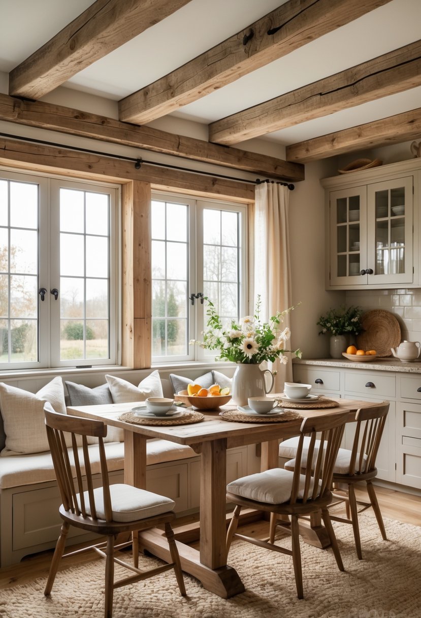 A cozy kitchen breakfast nook with a wooden table, chairs, and natural light coming through large windows.