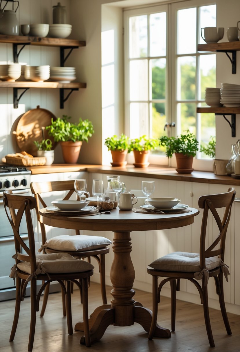 A round wooden table set for a meal in a bright kitchen nook with wooden chairs and natural light.