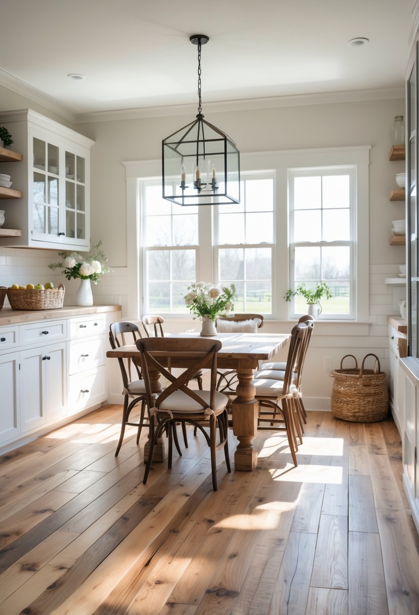 A farmhouse kitchen breakfast nook with wide planked hardwood flooring, a wooden dining table, chairs, and large windows letting in natural light.