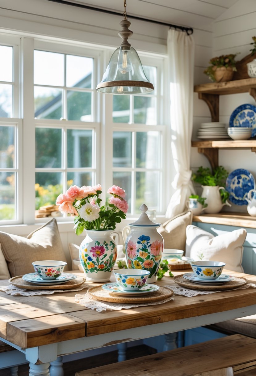 A farmhouse kitchen breakfast nook with a wooden table decorated with hand-painted floral pottery and fresh flowers, surrounded by cozy seating and natural light.
