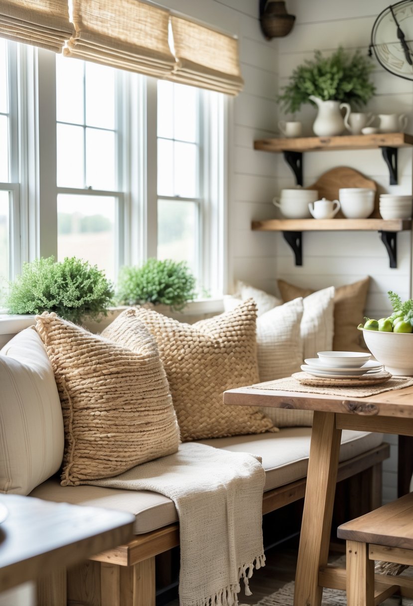 A farmhouse kitchen breakfast nook with a wooden bench featuring textured woven throw pillows and a wooden dining table with dishware, illuminated by natural light.