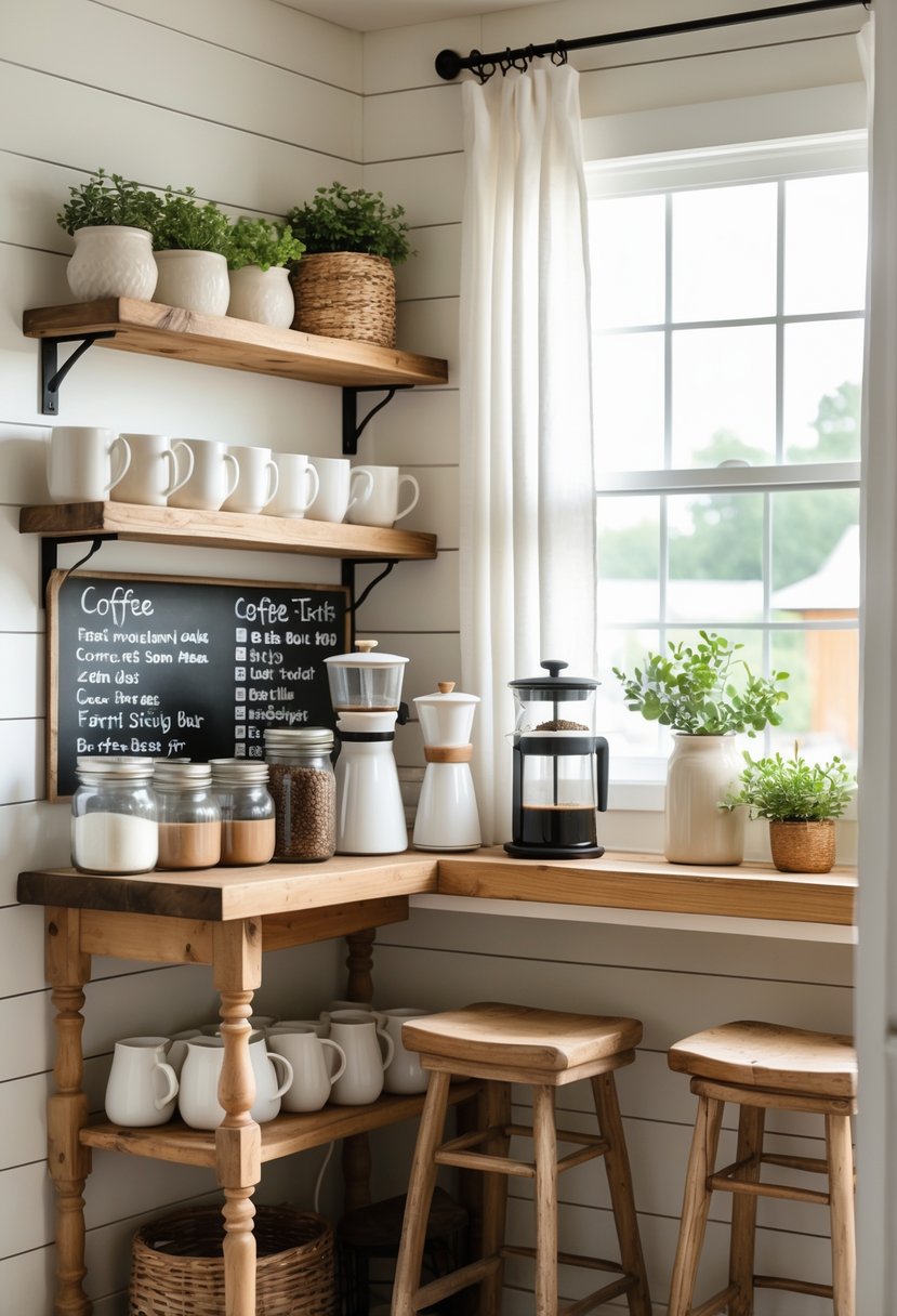 A cozy farmhouse coffee bar with wooden countertop, coffee pots, jars of coffee beans, mugs on shelves, potted plants, and natural light from a nearby window.