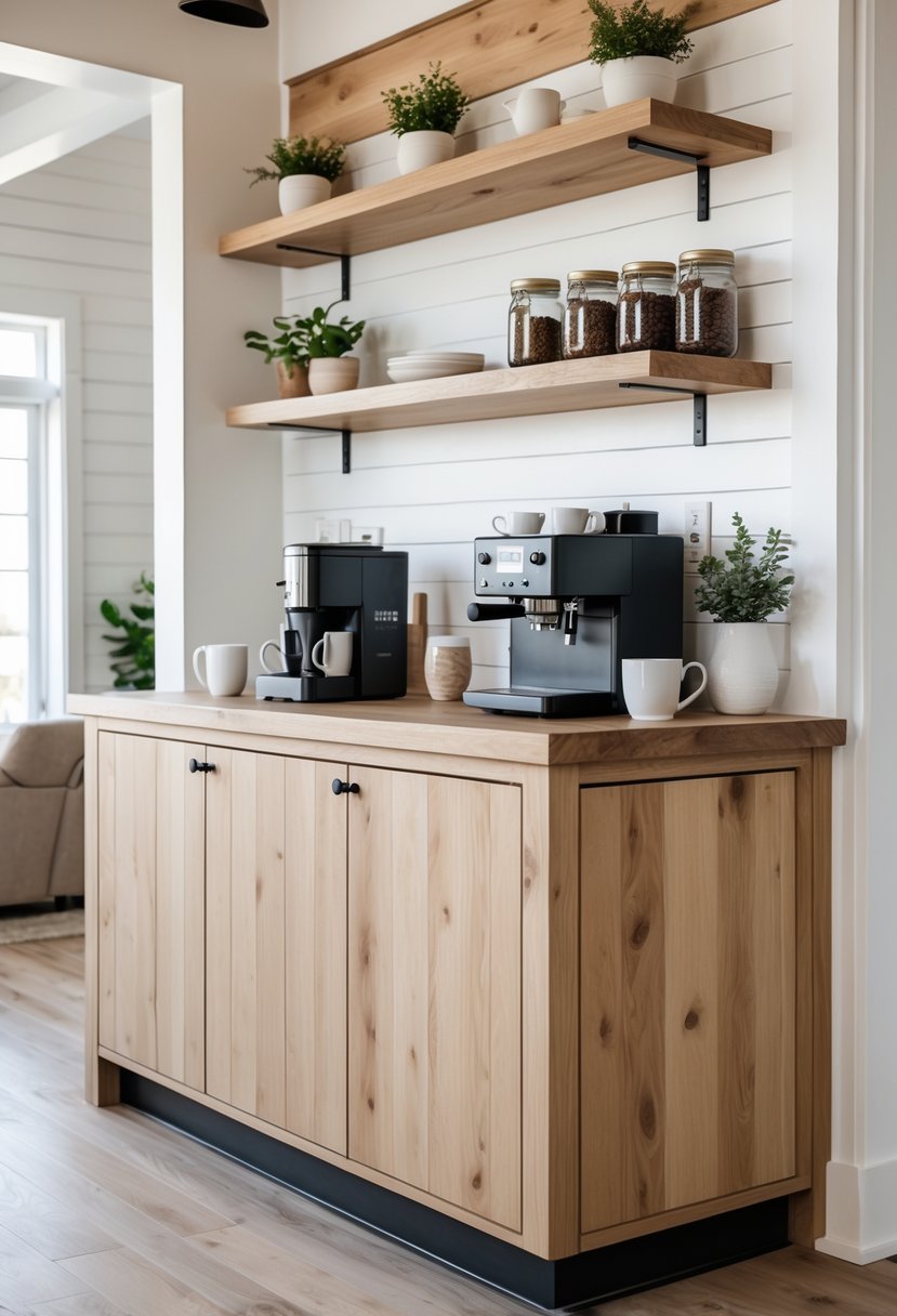 Built-in coffee bar with white oak finish featuring coffee equipment, mugs, and shelves in a bright kitchen space.
