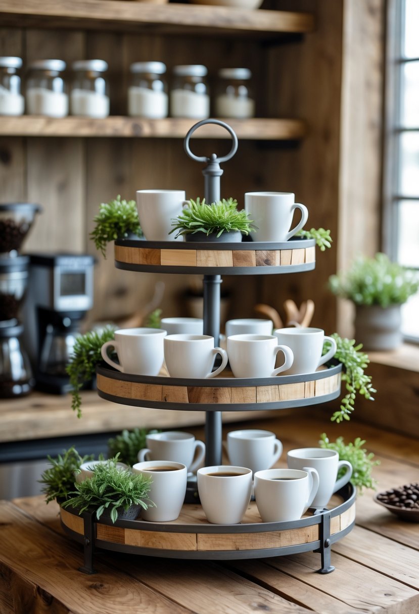 Three-tier tray display with coffee cups and small plants on a wooden coffee bar countertop.