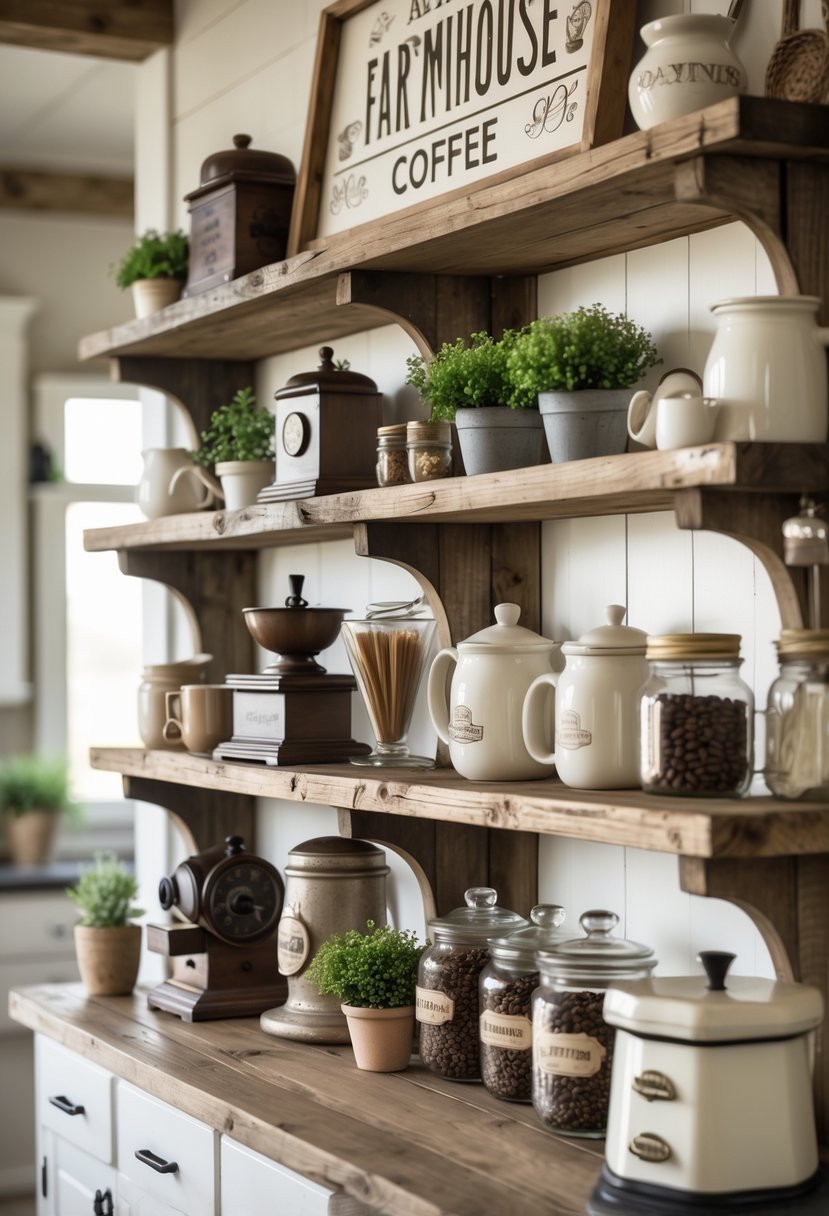 A rustic coffee bar with wooden shelves holding vintage coffee items and plants in a farmhouse kitchen setting.