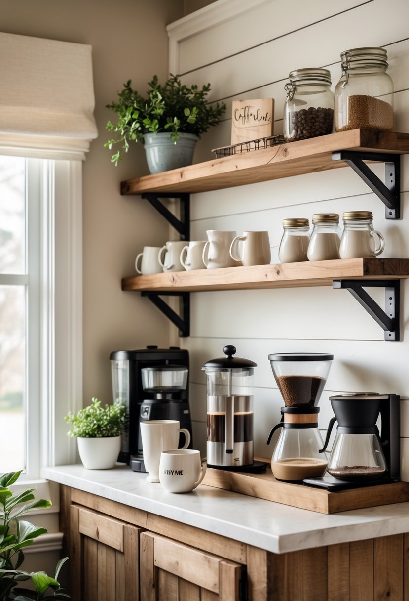 A cozy coffee nook with a white shiplap wall, coffee-making items on a wooden counter, and shelves with cups and plants.
