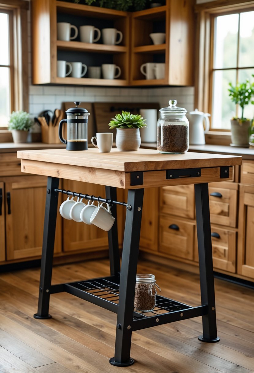 Adjustable coffee bar table with hooks holding mugs and utensils in a cozy kitchen setting.