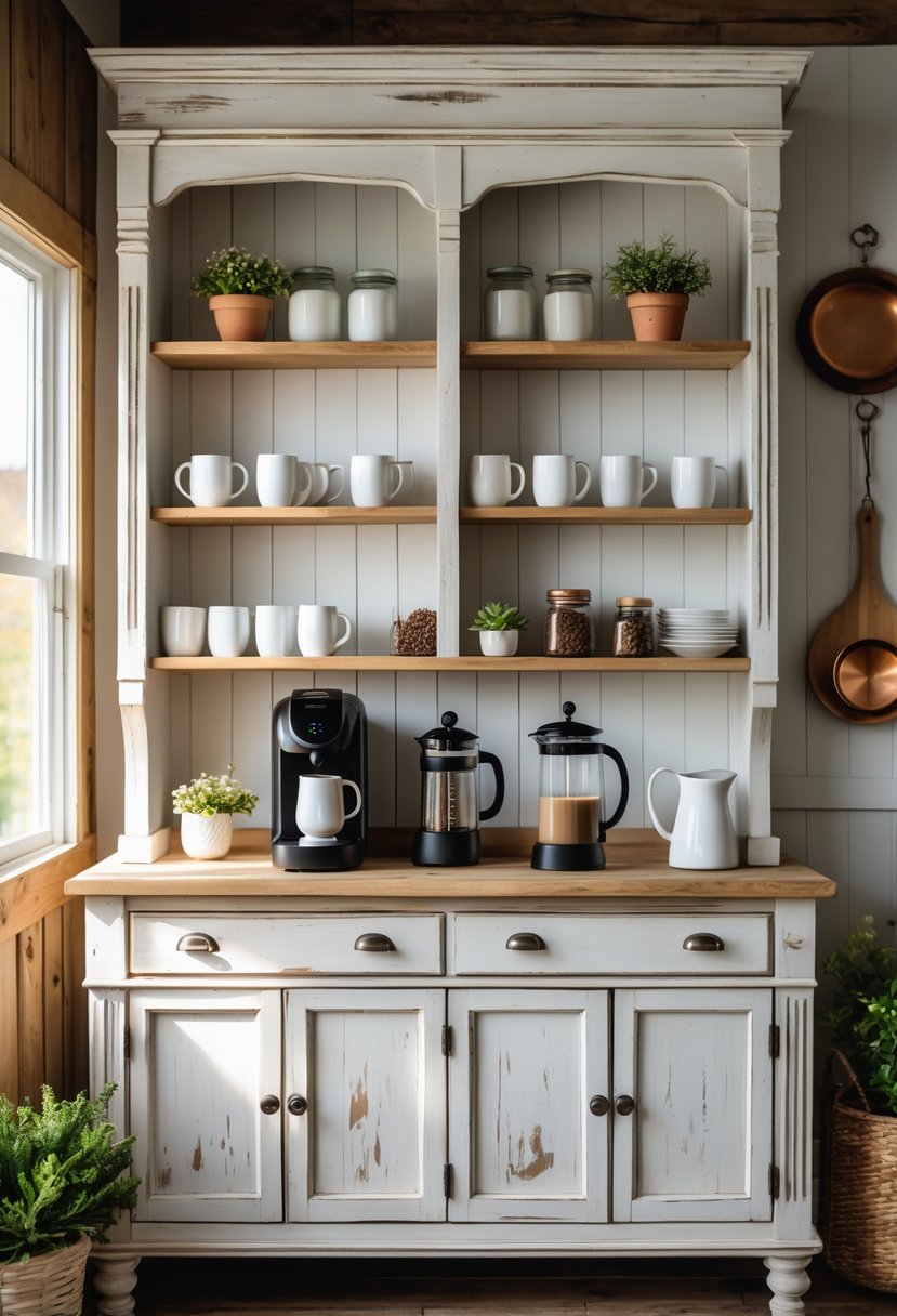 A vintage wooden cabinet converted into a coffee bar with coffee equipment and cups in a cozy kitchen.