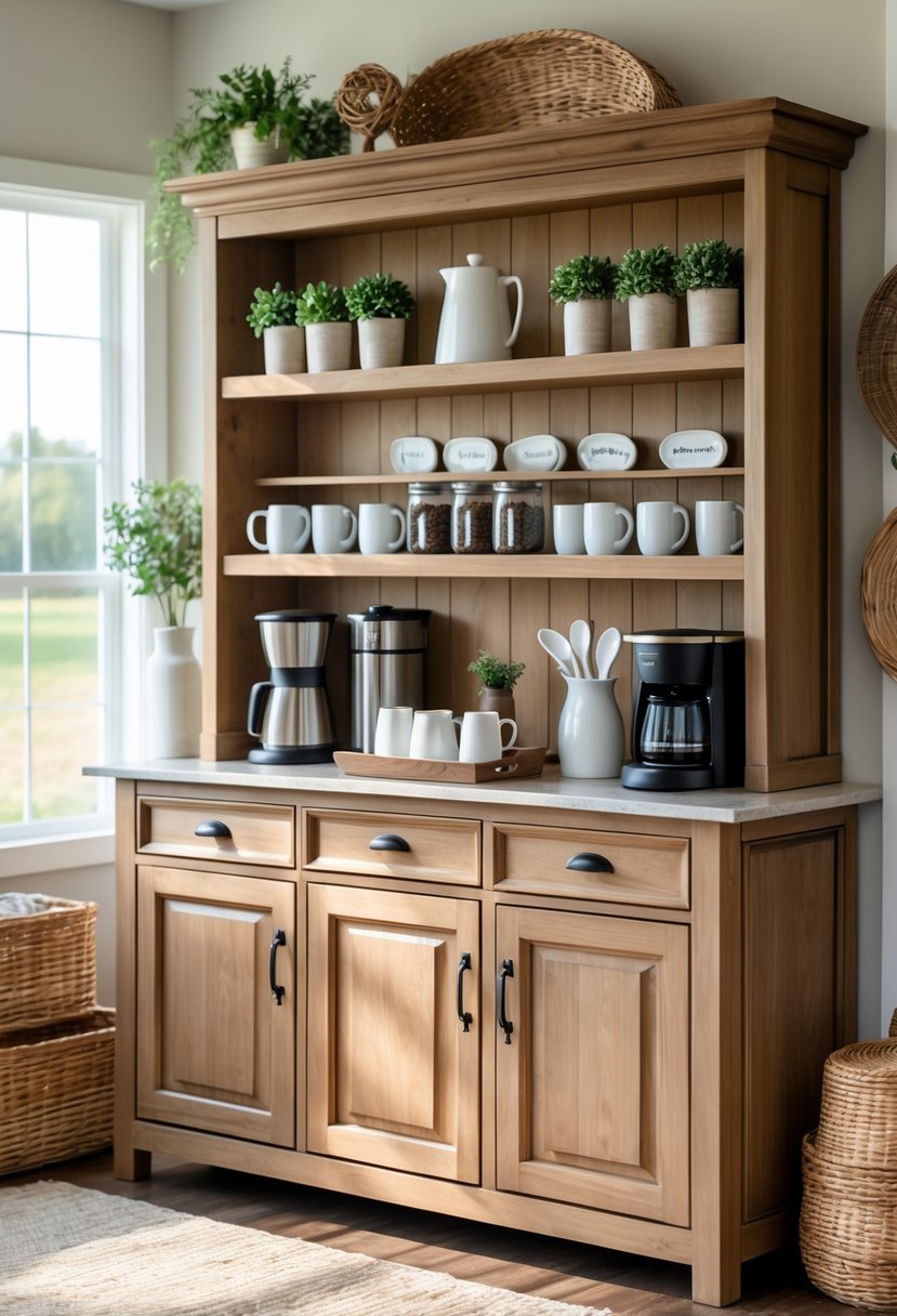A wooden farmhouse hutch with buffet storage set up as a coffee bar, featuring coffee mugs, jars, a coffee maker, and small plants on the shelves and countertop.