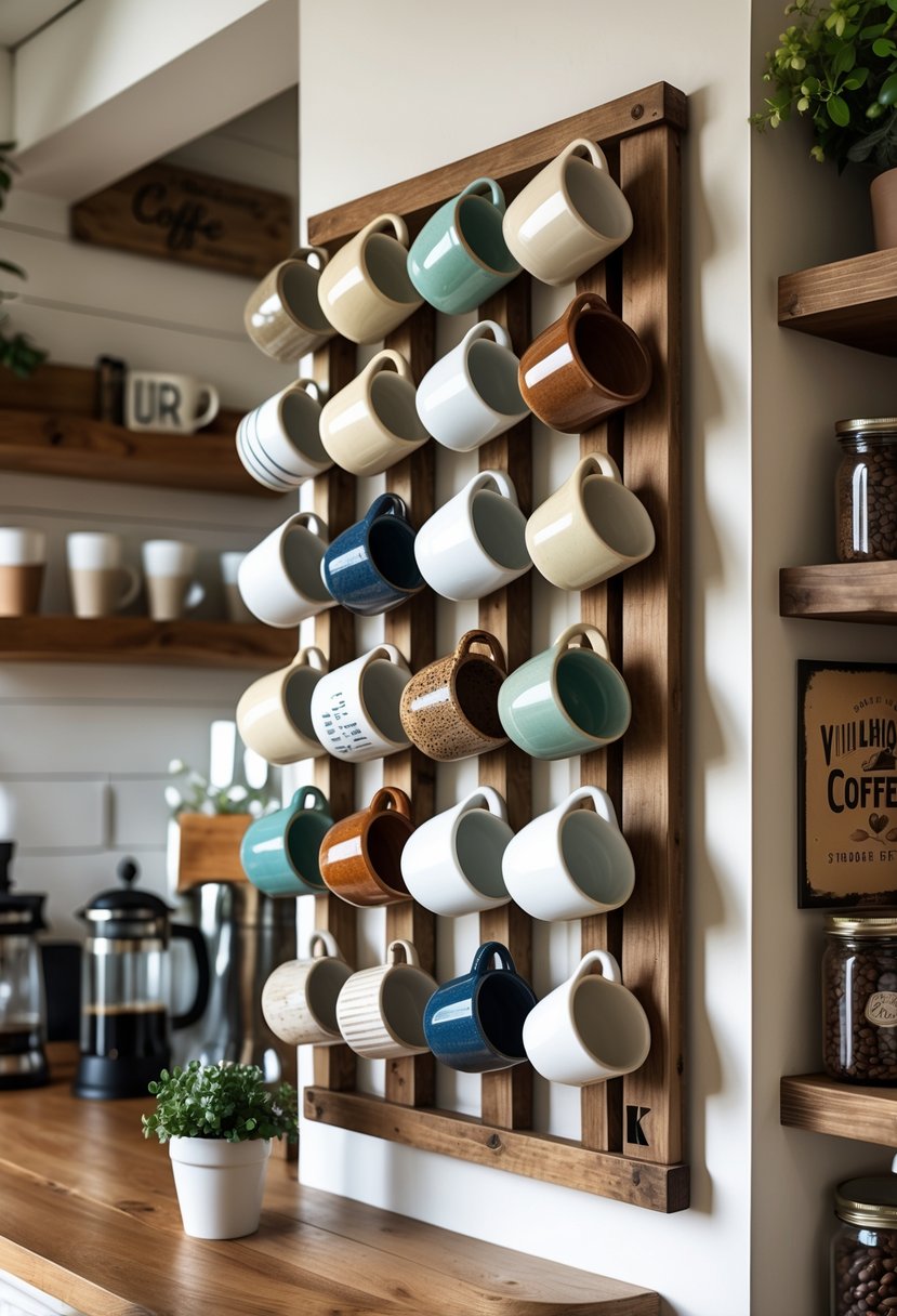 A wooden wall-mounted mug organizer holding 13 assorted ceramic mugs in a farmhouse kitchen setting with coffee accessories and plants.