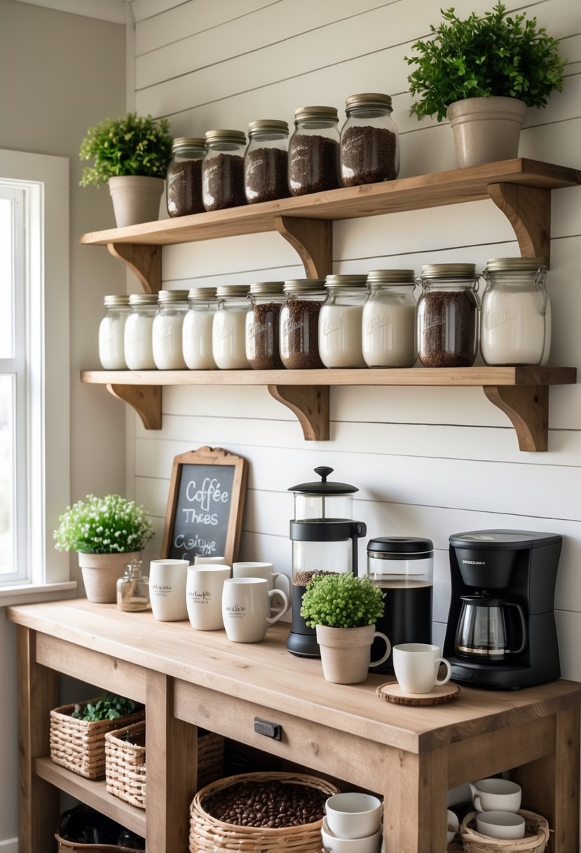 A farmhouse coffee station with wooden shelves holding mason jars, coffee mugs, a French press, and small plants on a wooden countertop.