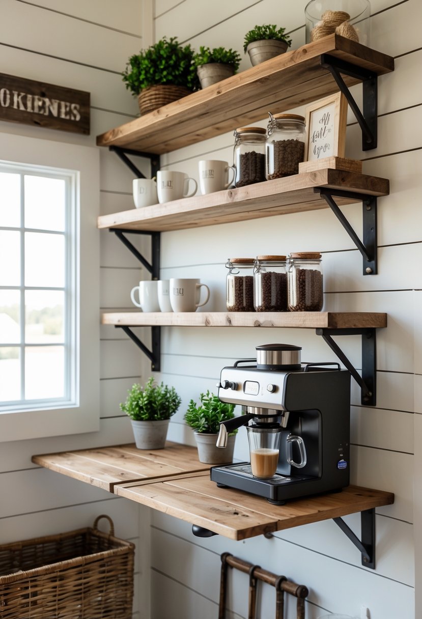 Small coffee bar with a foldable wooden counter, coffee equipment, shelves with mugs and plants in a cozy room.
