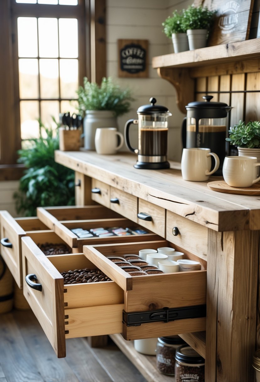 A farmhouse coffee bar with sliding drawers open, showing organized coffee supplies and mugs on a wooden countertop.