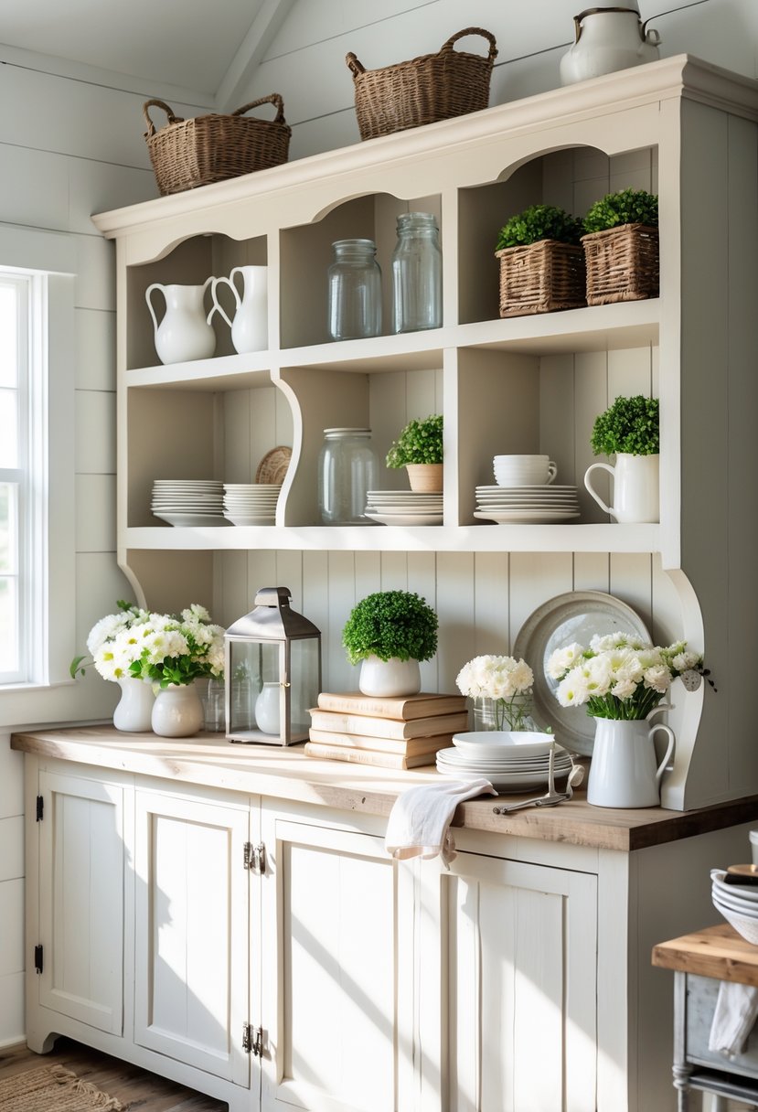 A farmhouse hutch filled with various decorative items like pitchers, jars, baskets, plants, books, dishes, and flowers in a bright kitchen setting.
