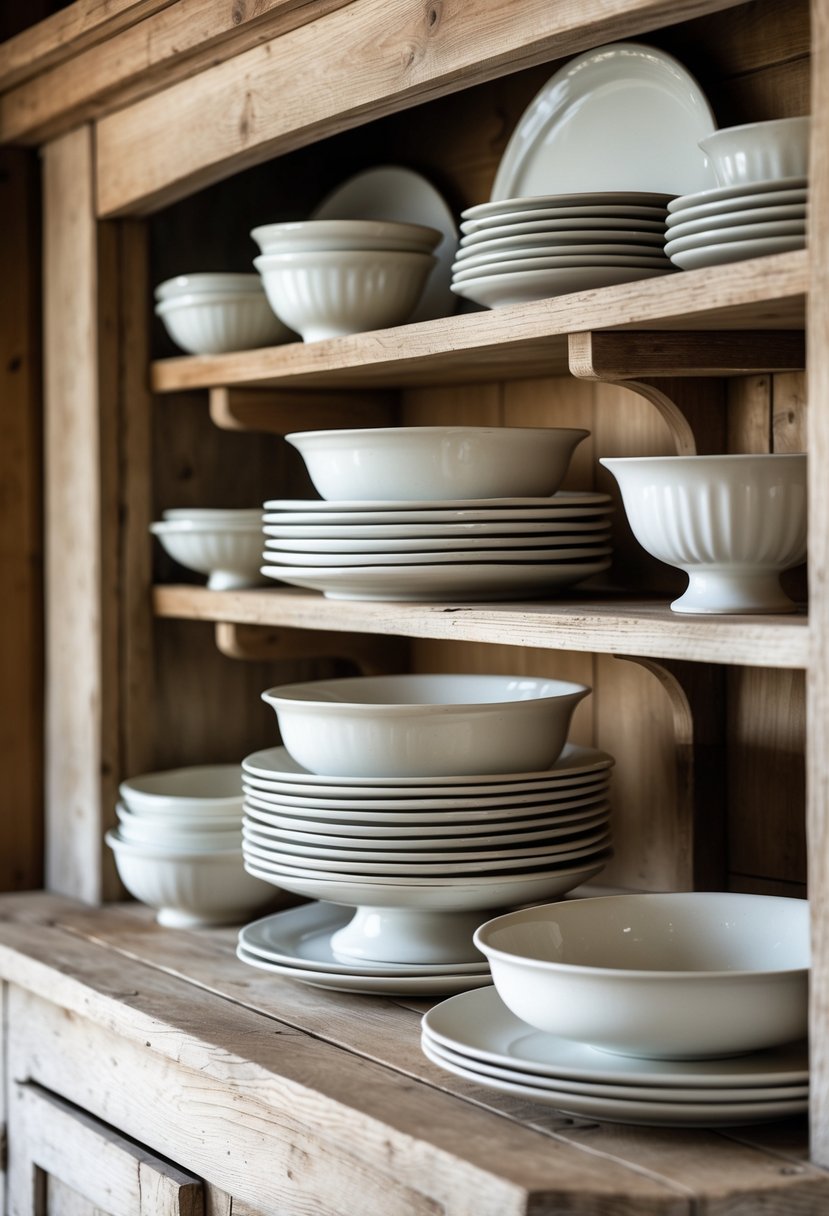 Stacked white ironstone dishes arranged on wooden shelves inside a farmhouse hutch.