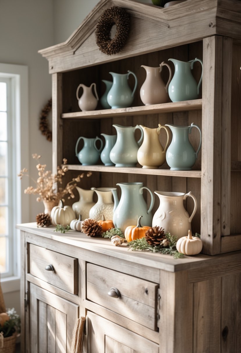 A wooden farmhouse hutch displaying a variety of vintage pitchers with seasonal decorative elements around them.