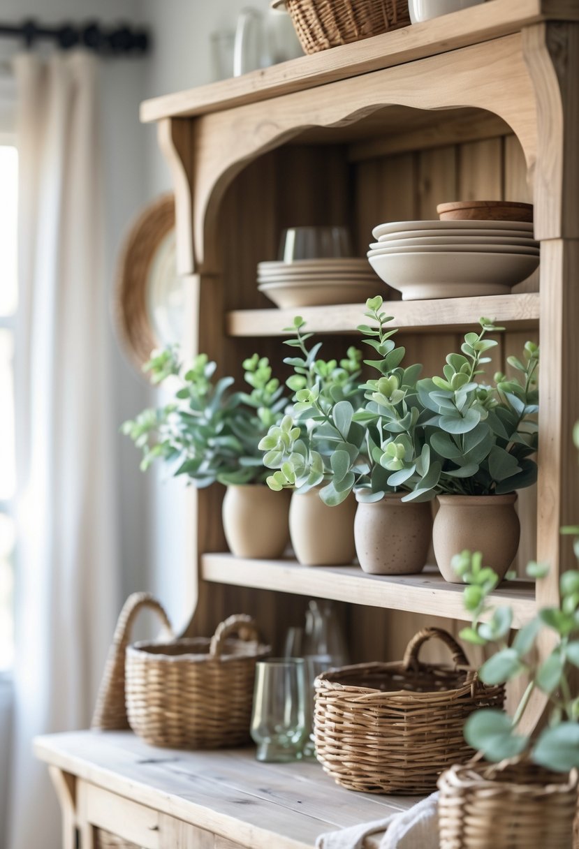 Wooden hutch decorated with small artificial eucalyptus plants and farmhouse decor items.