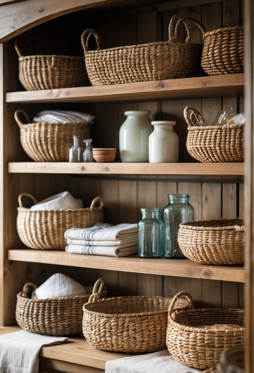 Open wooden shelves with woven baskets used for storage and decor in a kitchen setting.