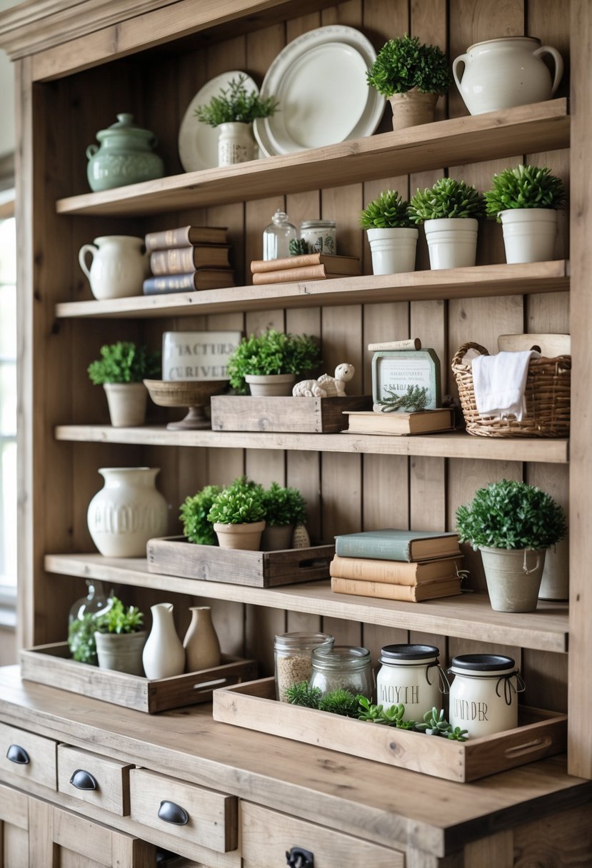 A farmhouse hutch with rustic wooden trays organizing various decor items such as ceramics, plants, and baskets.