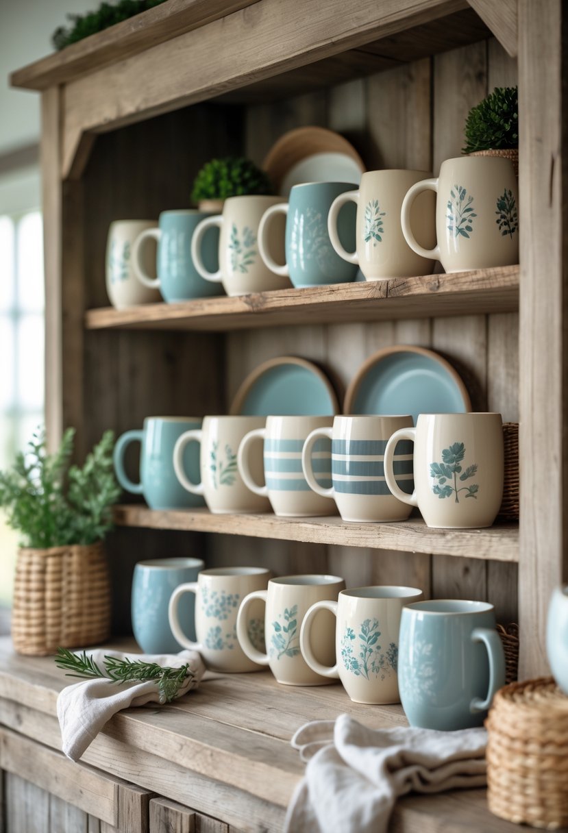 Ceramic mugs with farmhouse prints displayed on a rustic wooden hutch with decorative items.