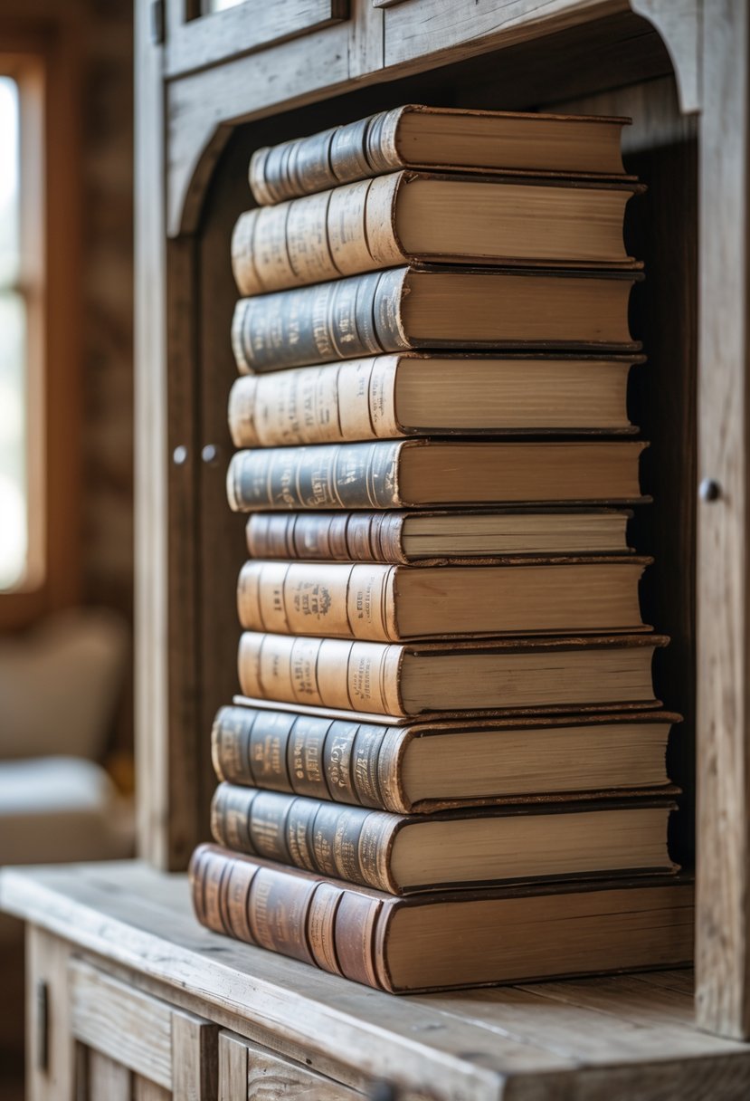 Stack of old cookbooks placed on a wooden farmhouse hutch.