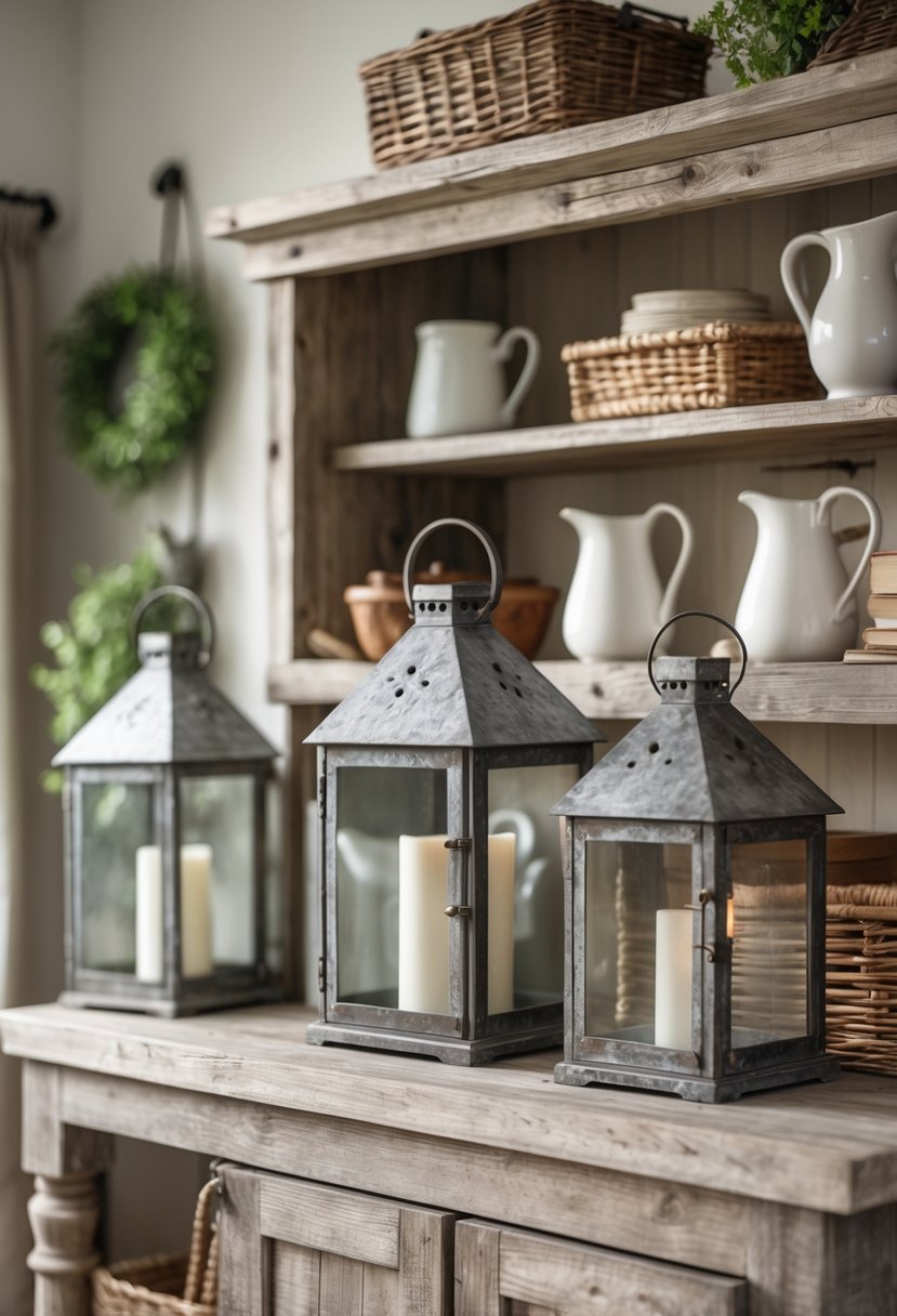 Distressed metal lanterns displayed on a rustic farmhouse hutch with other decorative items in a cozy kitchen setting.