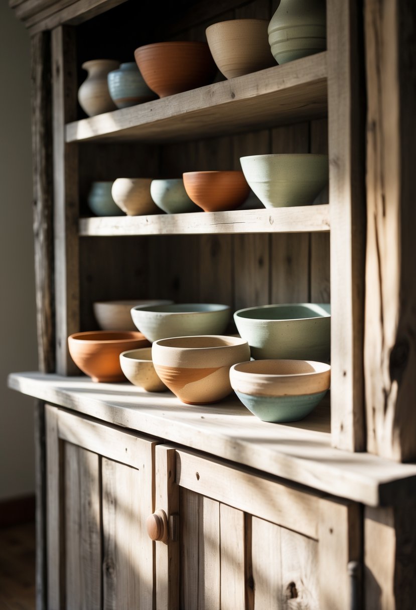 A rustic wooden hutch displaying a collection of handmade pottery bowls in various earthy colors.
