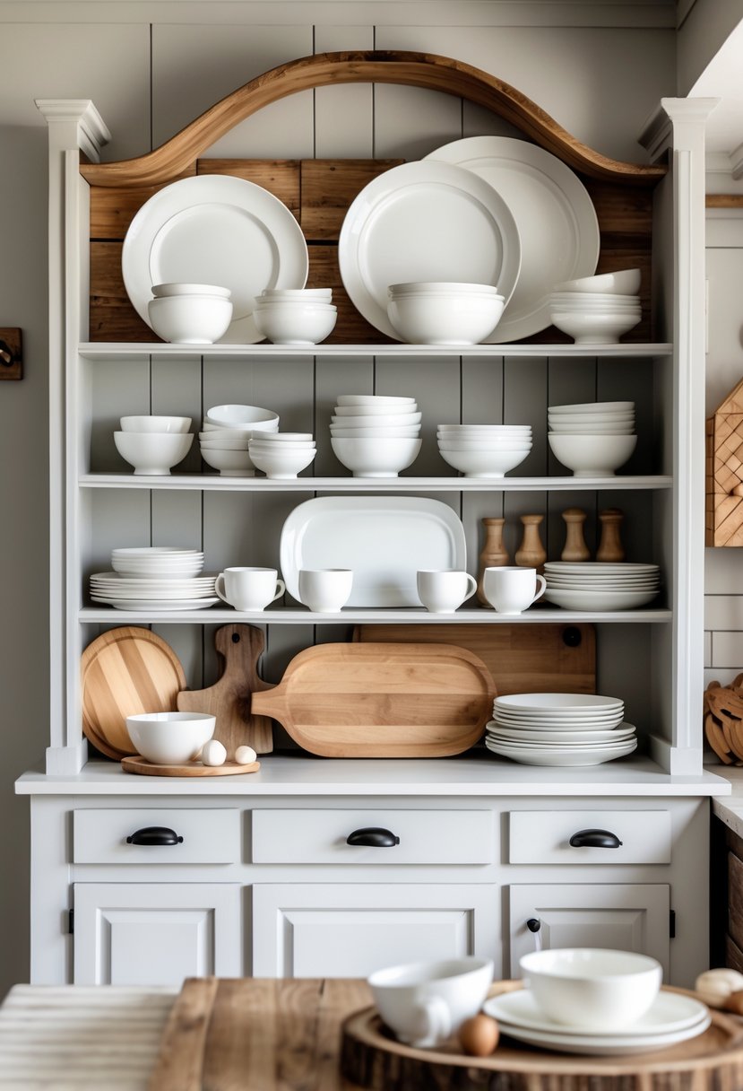A farmhouse hutch displaying white dishes and natural wood decor elements on open shelves.