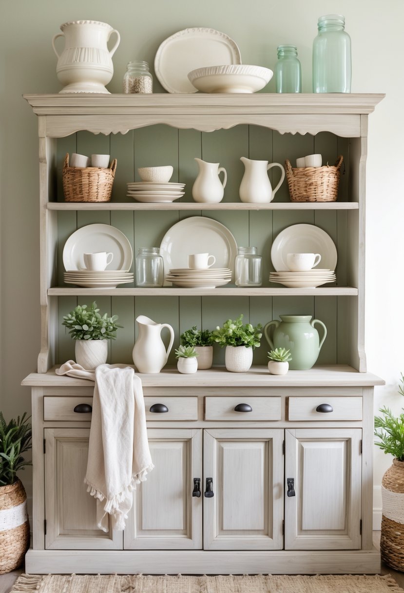A farmhouse hutch with shelves displaying white, cream, and sage green decor items including ceramics, glass jars, baskets, and small plants.